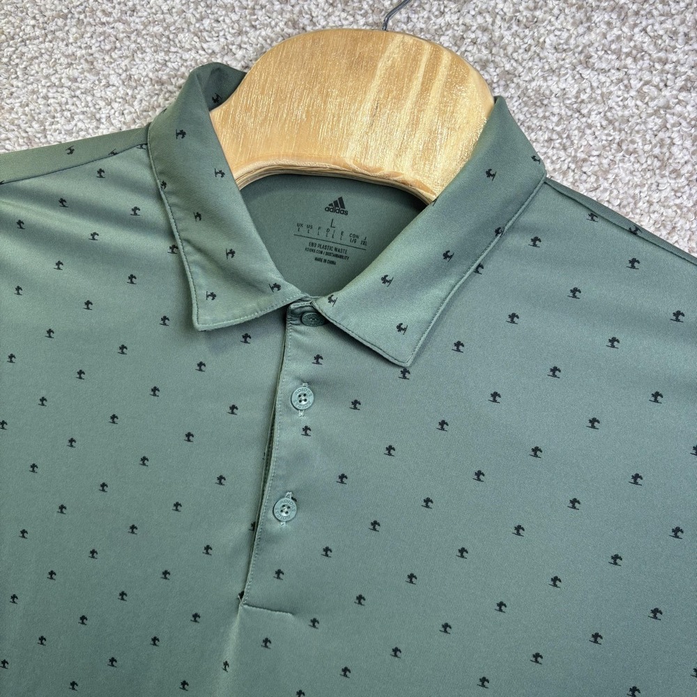 Adidas Golf Polo Shirt Mens Large Green Tree Print Nature Valley‎ Logo Stretch